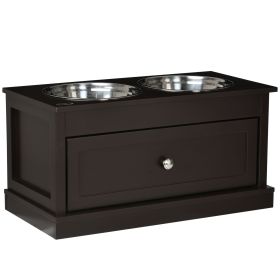 PawHut Double Elevated Dog Bowls for Large Dogs, Raised Dog Feeding Station with 2 Stainless Steel Bowls, Storage Drawer & Wood Stand for Cats, B