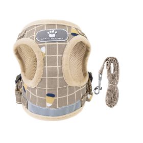 Pet Mesh Harness Dog Leash Set Reflective Chest Strap Adjustable Puppy Vest For Puppies Breeds Dogs Cats Walking Outdoor (Option: KhakiCheckered_M)